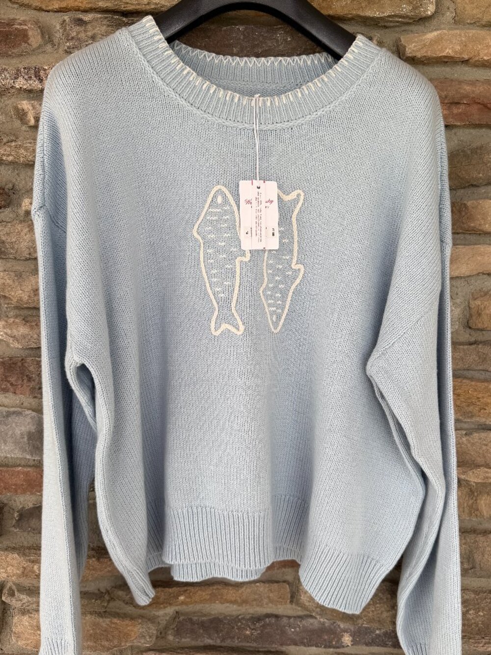 LUCKY BRAND Women's Embroidered Fish Sweater XL Skyway Blue NWT - Picture 2 of 6